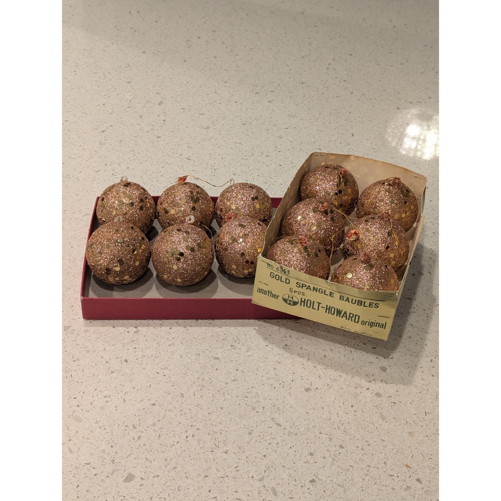 Vintage Holt Howard Gold Paper Christmas Ornaments Glitter Balls Set Of 12 + Box